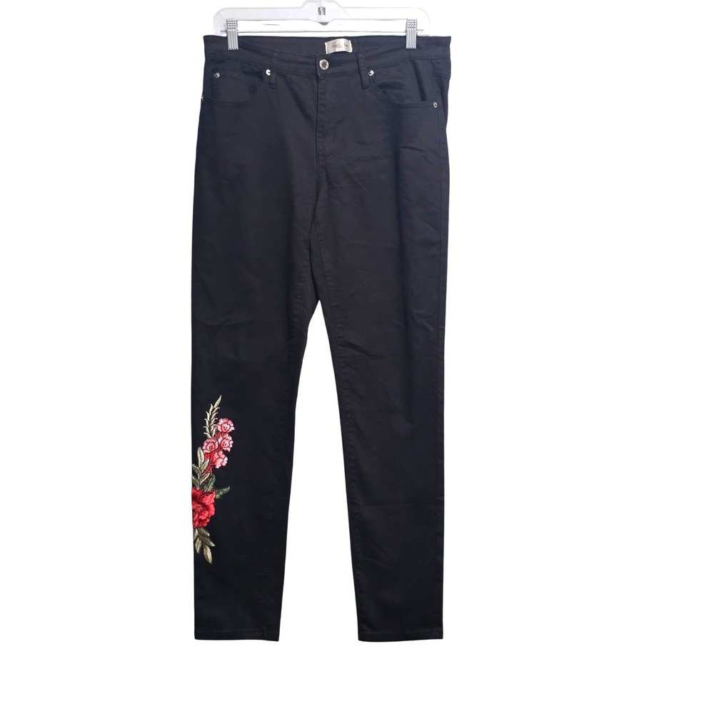 True Slim Jeans Womens Black Floral Embroidered Rose Slim Fit Denim Pants Sz 12